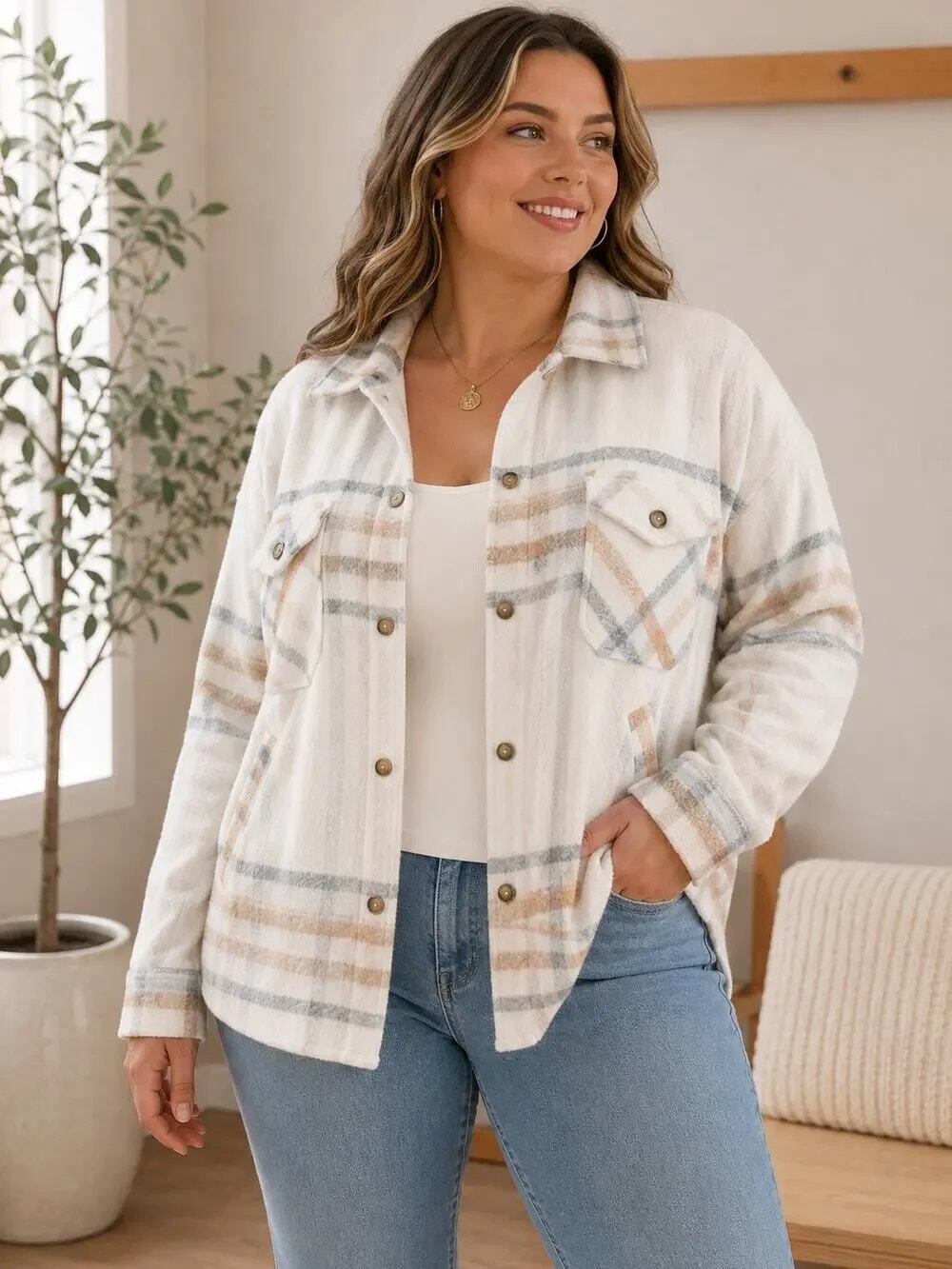 NWT Ultra Flirt Fleece Plaid Shacket Button Down Shirt Jacket Women's Size 1X